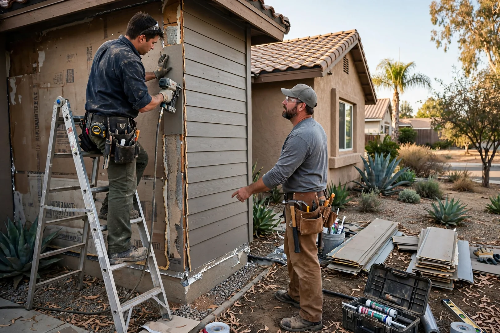 Contractor measuring fiber cement plank on an Anaheim home exterior