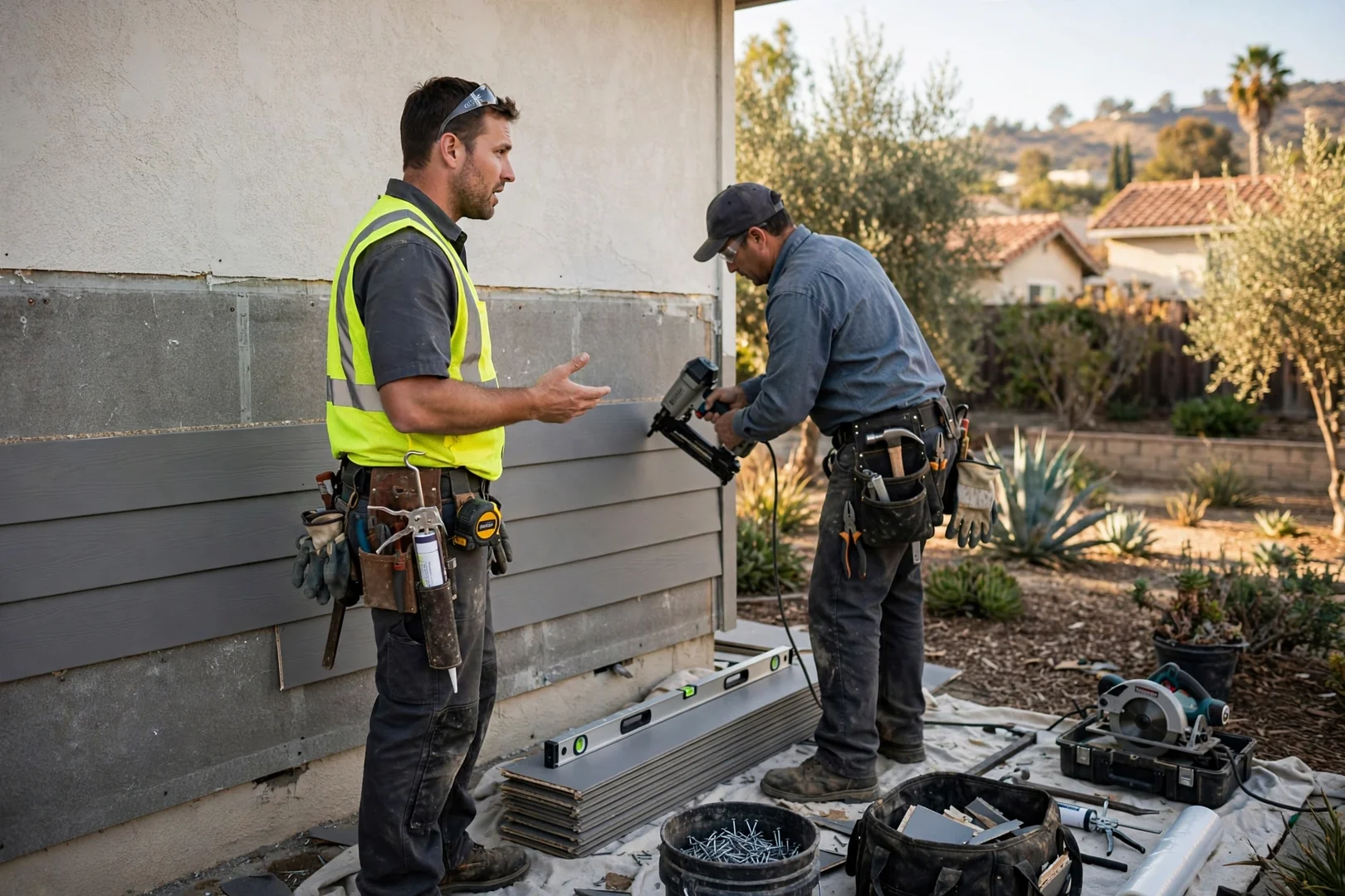 Installer aligning fiber cement lap siding planks on a sunlit Anaheim home exterior