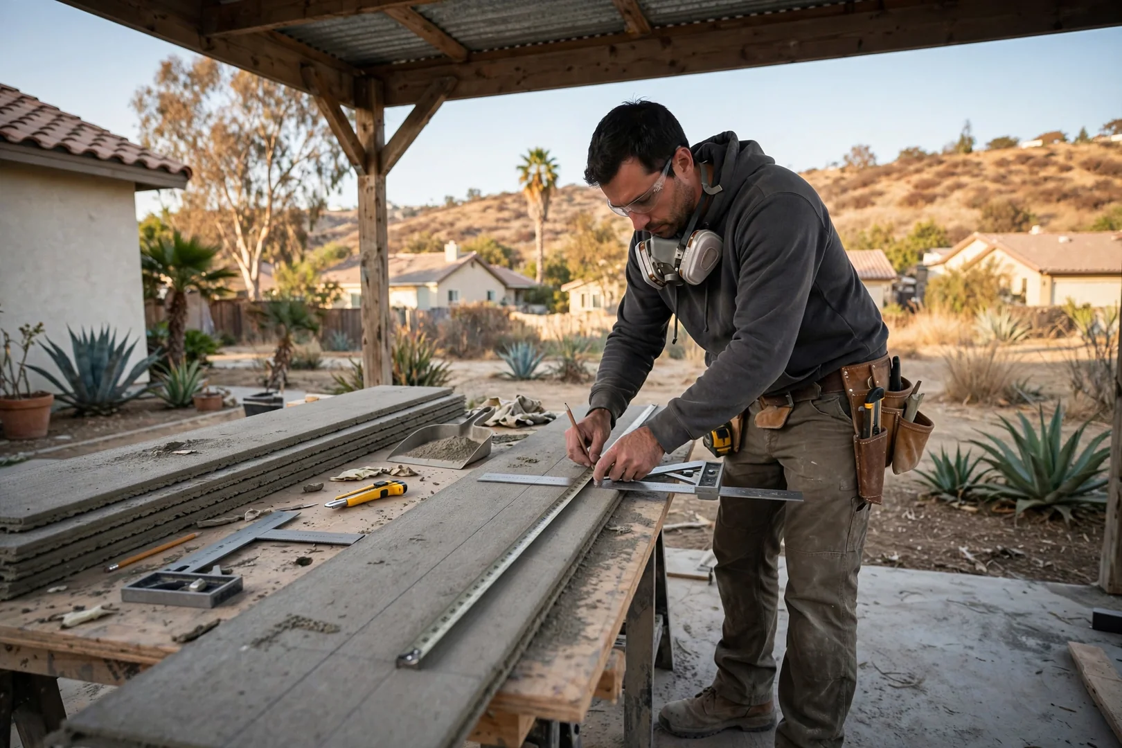 Installer measuring and scoring a Hardie plank at a covered cutting station