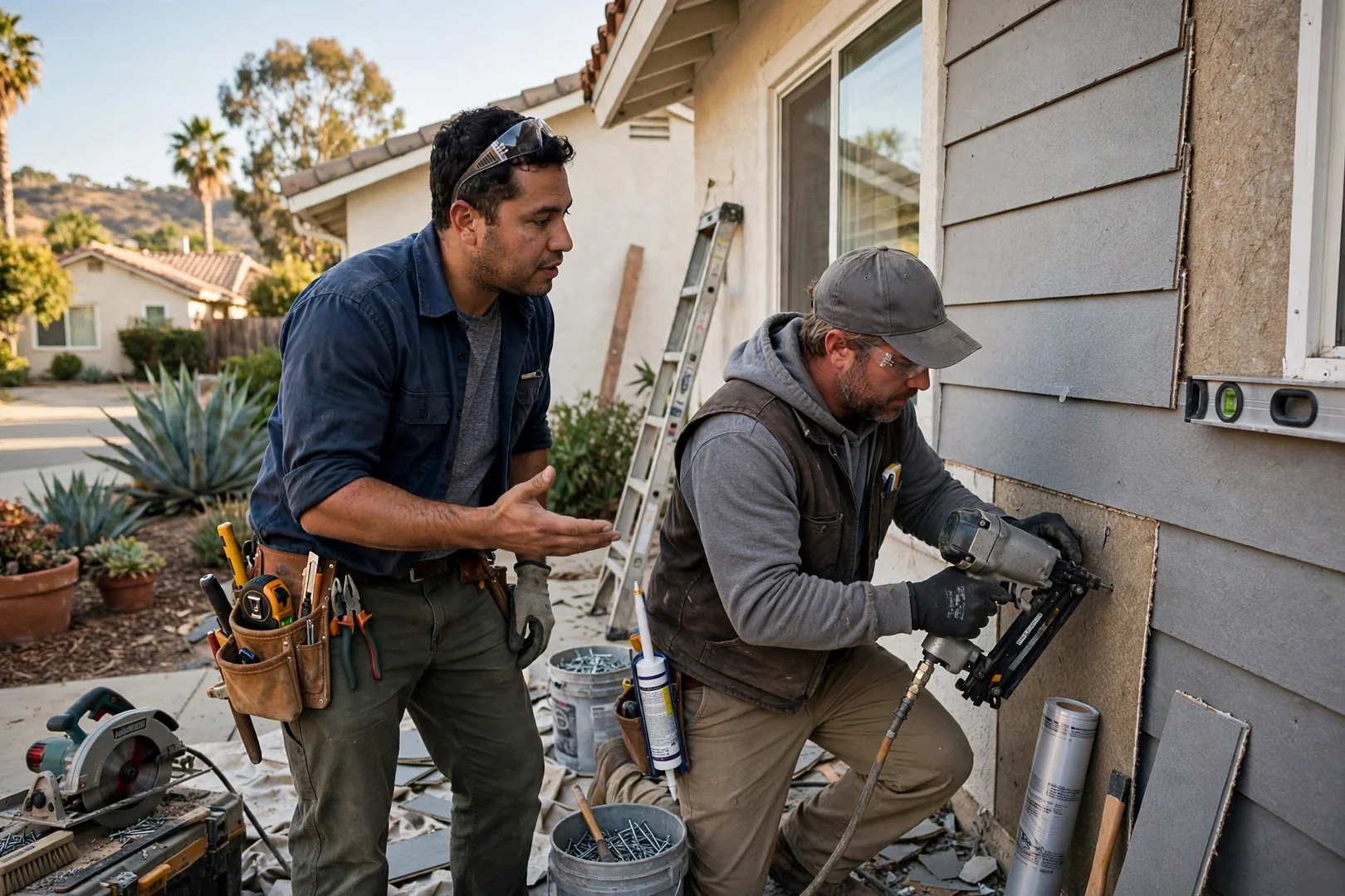 Siding installer reviewing panel alignment with a homeowner during a final walkthrough