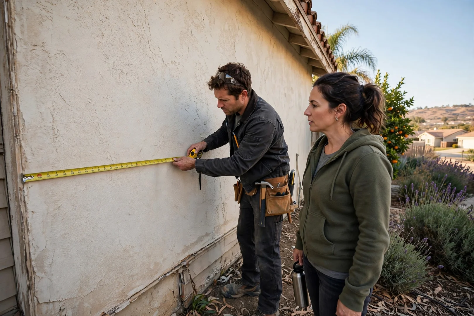 Contractor measuring exterior wall to prepare a detailed siding estimate for a homeowner
