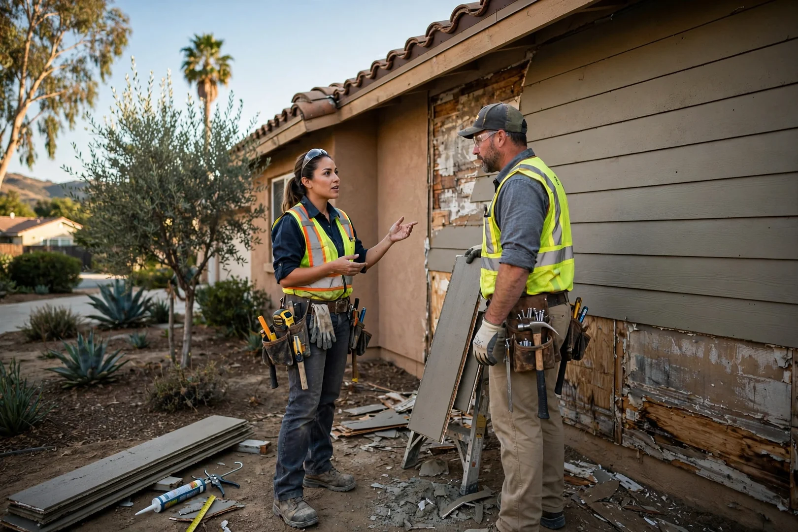 Siding specialist reviewing written estimate with homeowner outside an Anaheim home