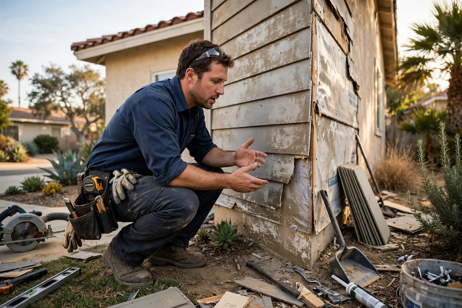 Siding estimator reviewing panel condition on an Anaheim home exterior