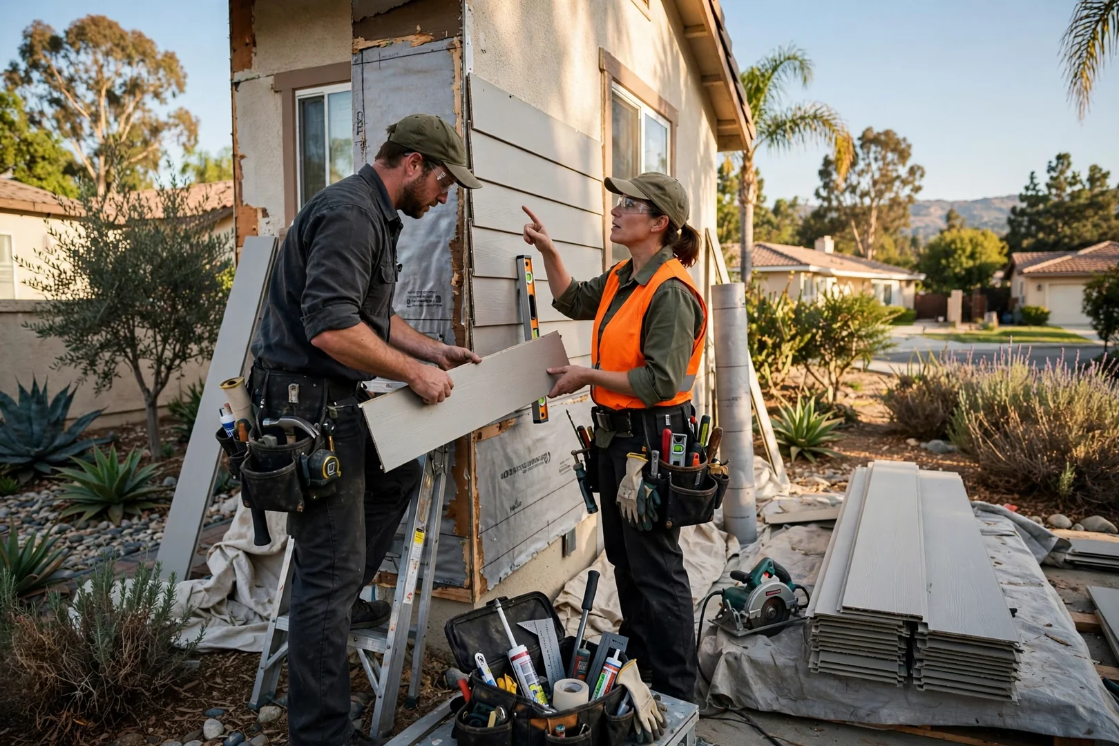 Fiber cement siding installation on a single-story Anaheim ranch home