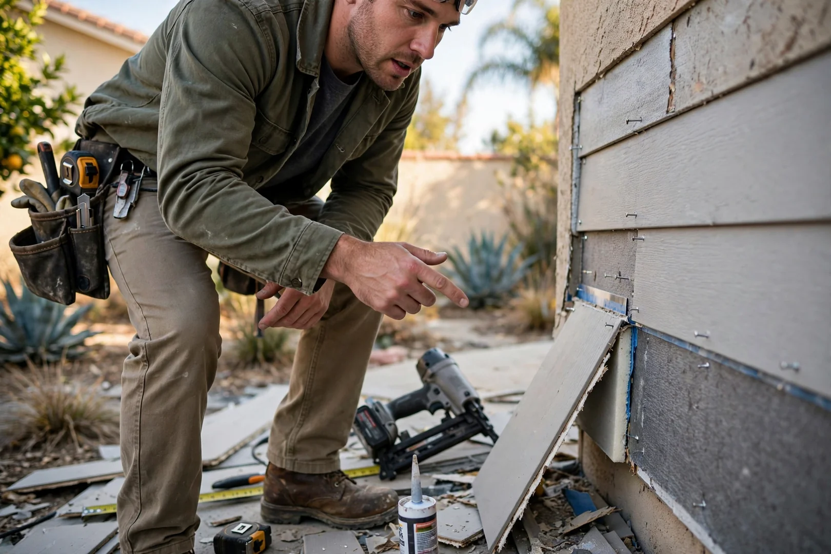 Siding contractor inspecting fiber cement wall and flashing detail during exterior repair