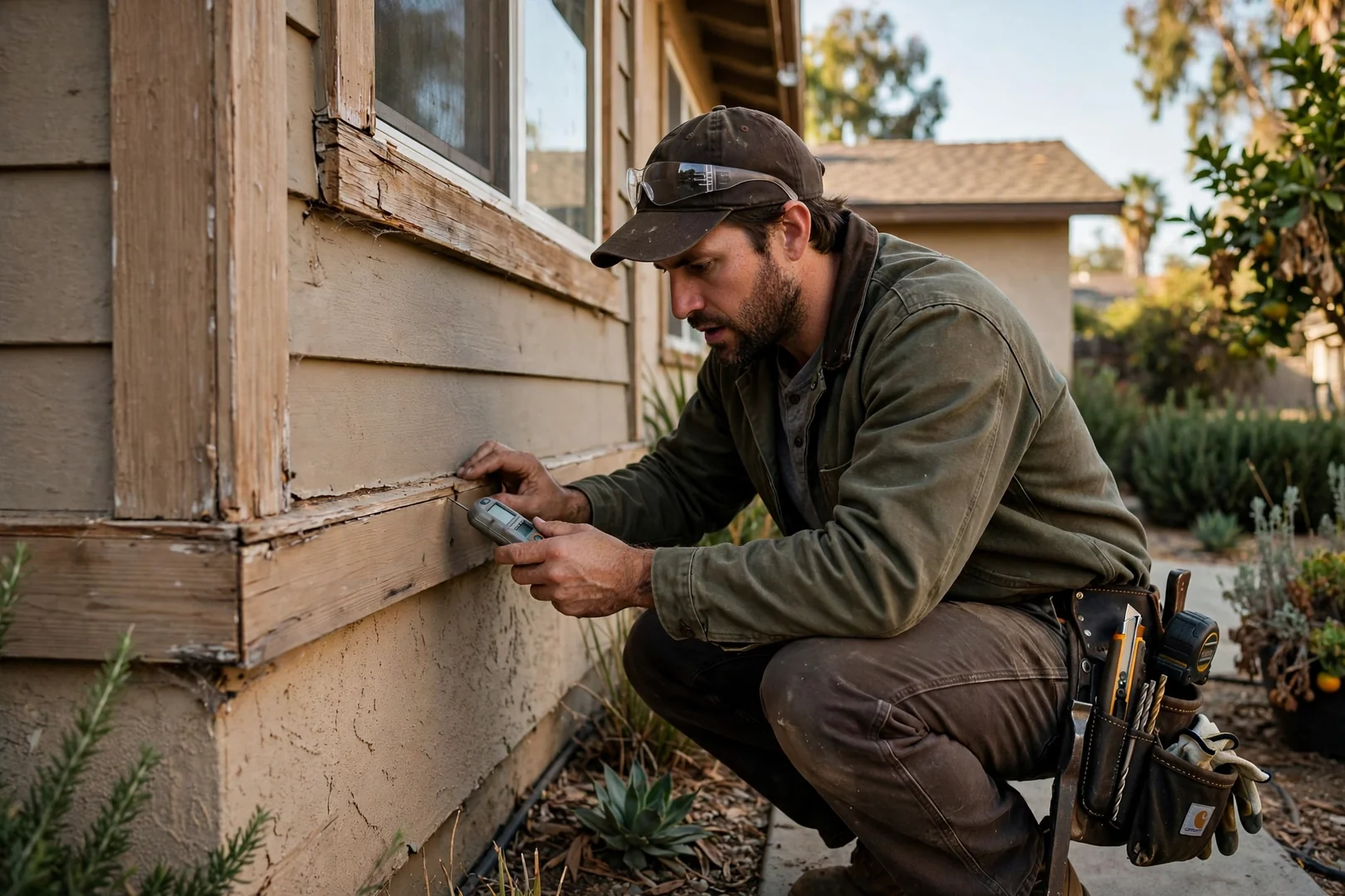 Siding contractor inspecting exterior wall and trim condition on an Anaheim home