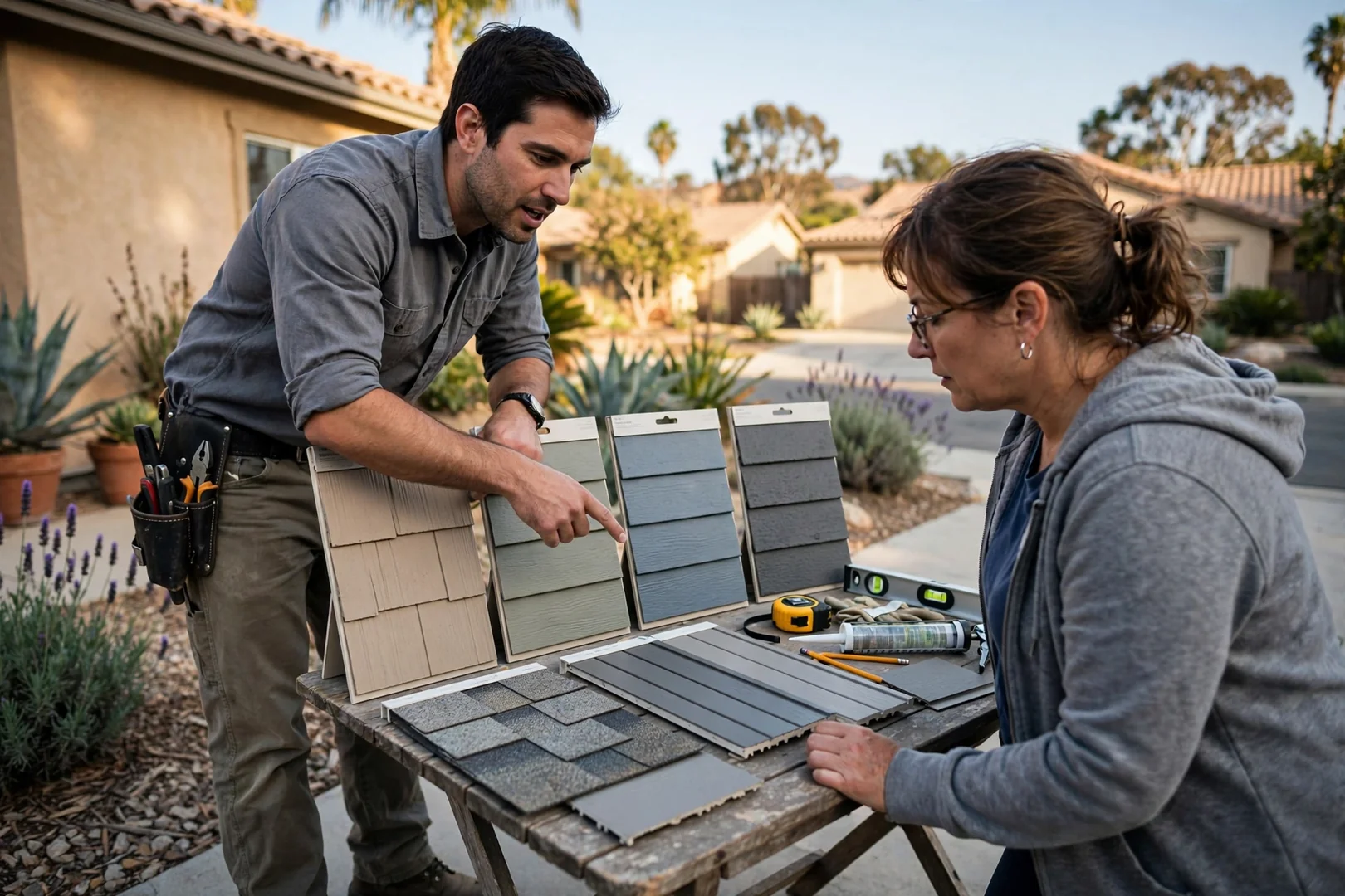 Homeowner reviewing fiber cement siding color and profile samples with estimator