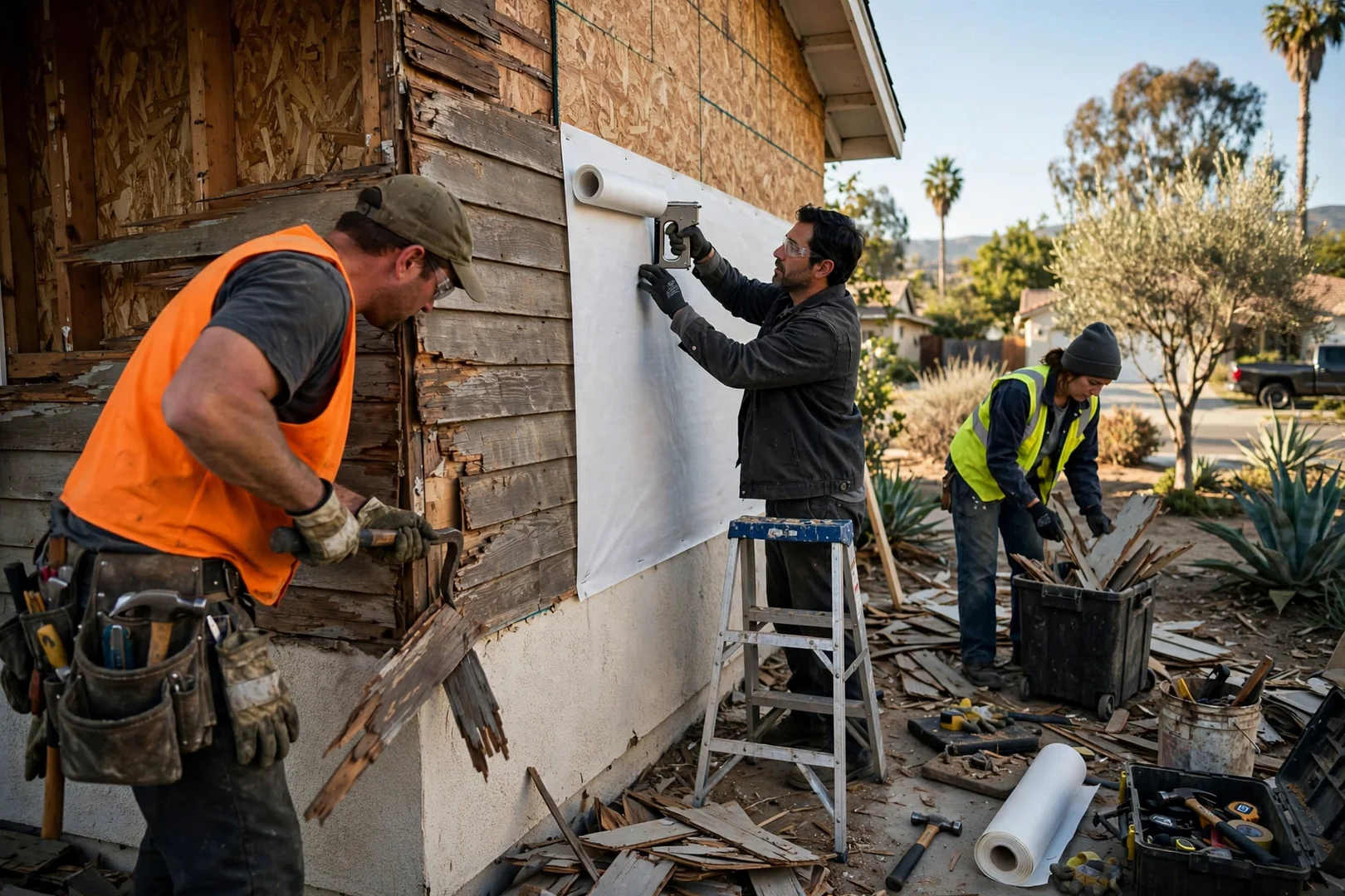 Crew removing old siding and installing weather-resistive barrier over wall sheathing