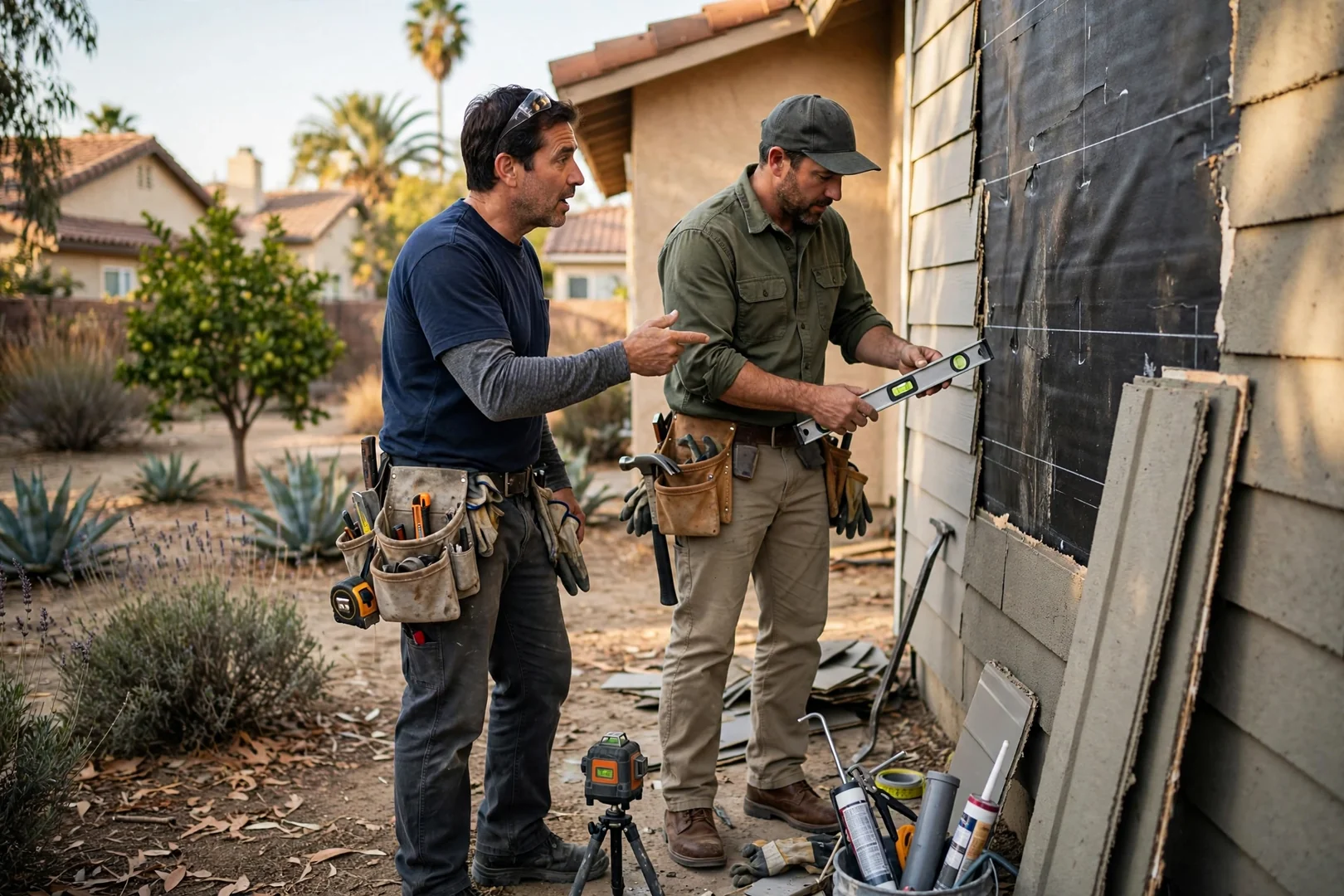 Siding crew installing fiber cement panels on a two-story Anaheim home exterior wall
