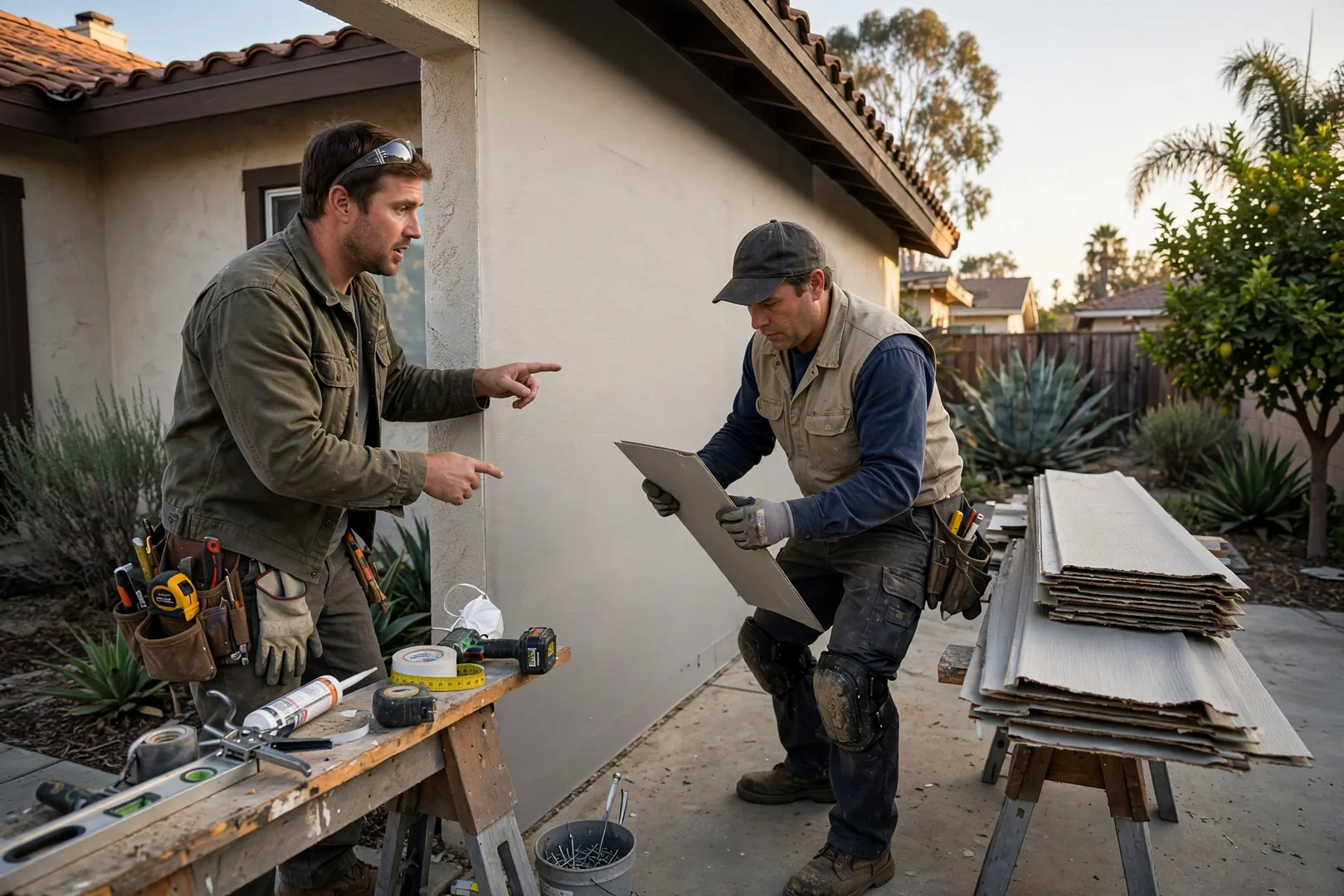 Contractor measuring wall elevation before siding replacement on Anaheim home
