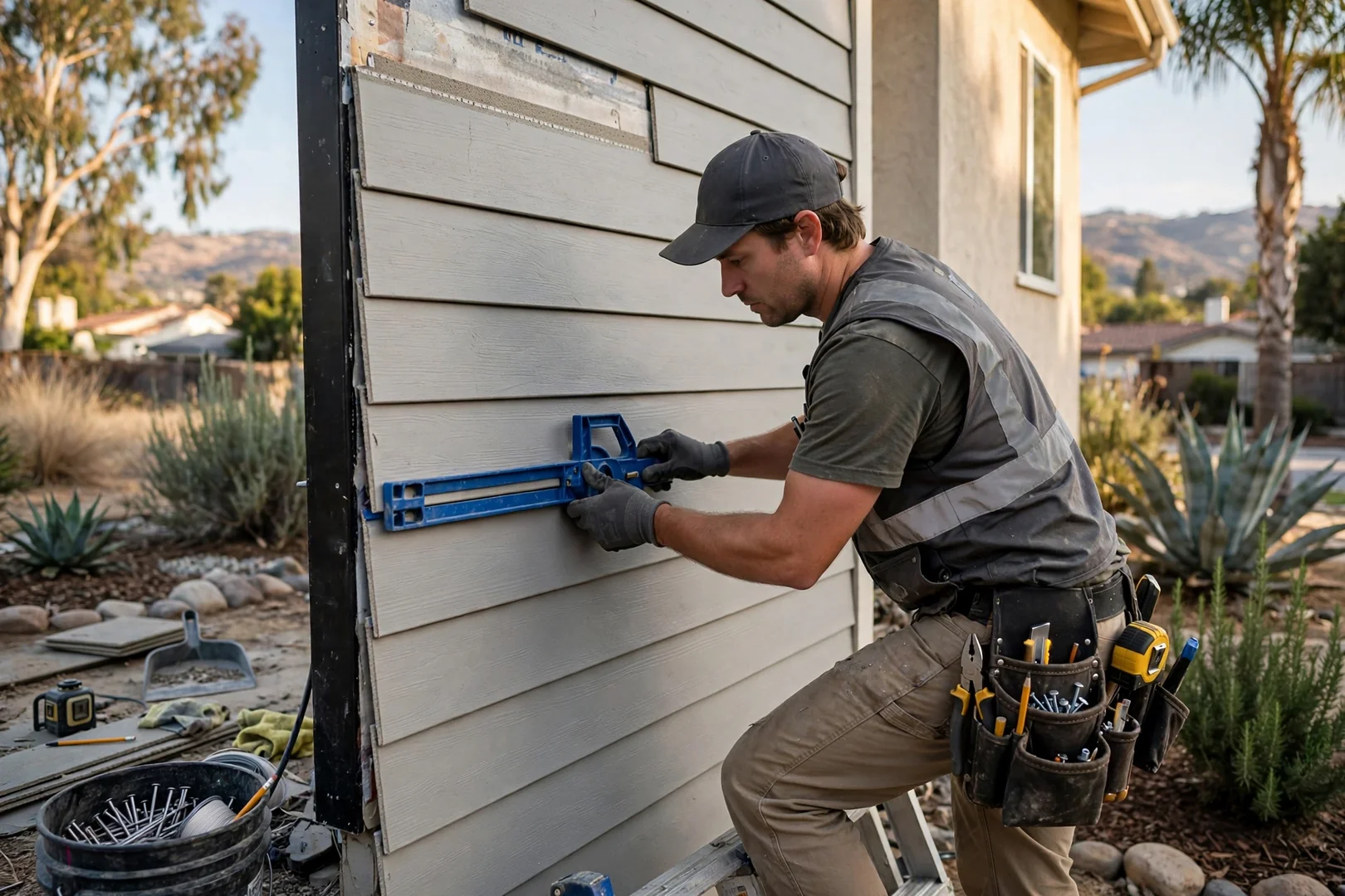 Installer aligning fiber cement lap siding with a gauge tool on a residential wall