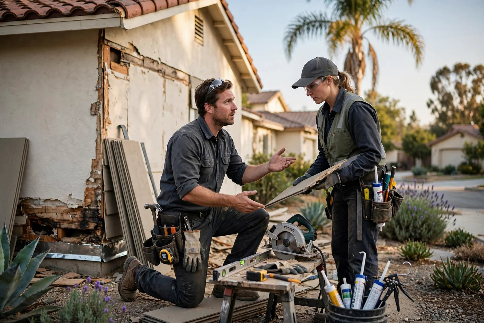 Contractor measuring damaged lap siding on an Anaheim home exterior