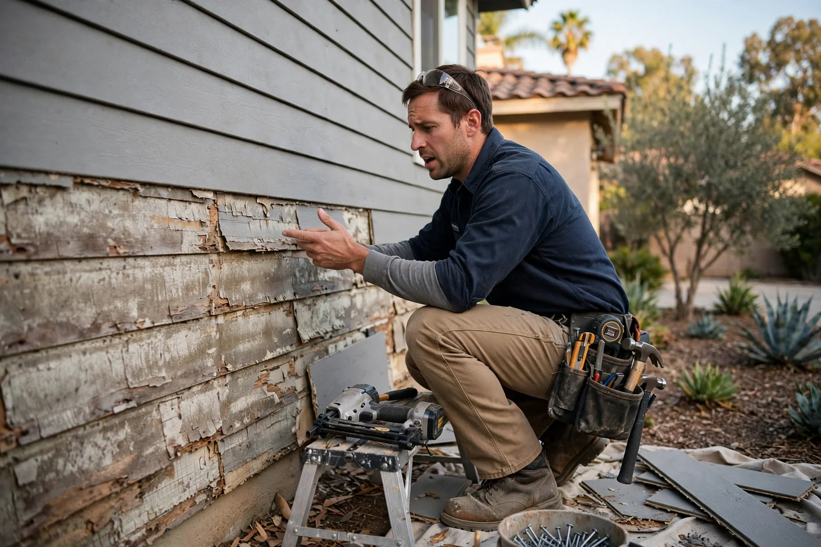 Siding contractor replacing a damaged lap panel on a sun-worn Anaheim home exterior