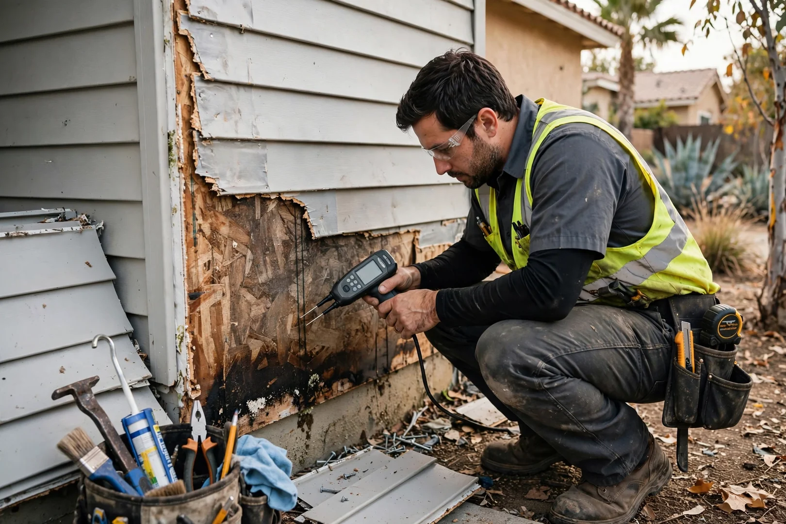 Technician taking moisture readings behind removed siding panel during a repair assessment
