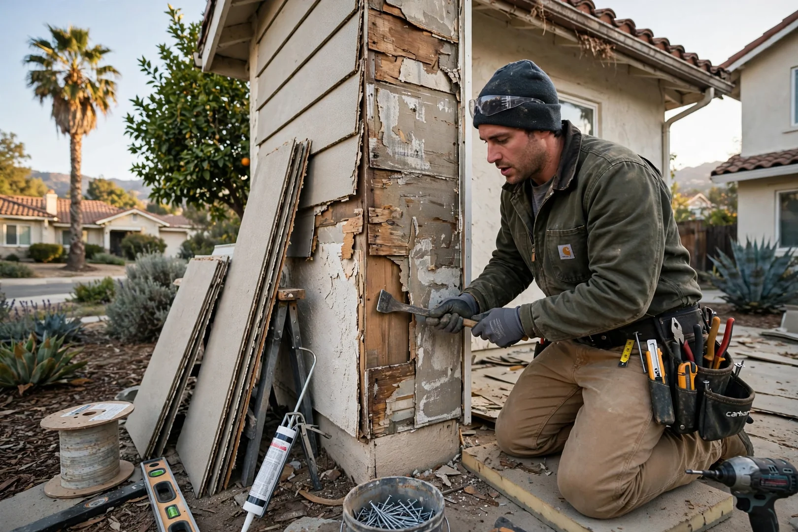 Installer measuring vinyl siding panels beside an Anaheim home exterior wall