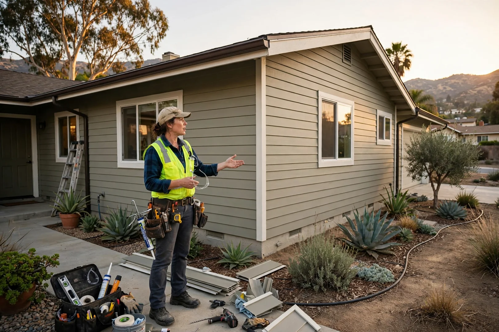 Completed vinyl siding exterior on a Southern California ranch-style home at golden hour